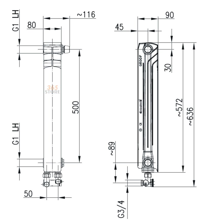 Радіатор алюмінієвий ARMATURA G500 F/D/1, права секція (нижнє кутове підключення) - 878-151-44