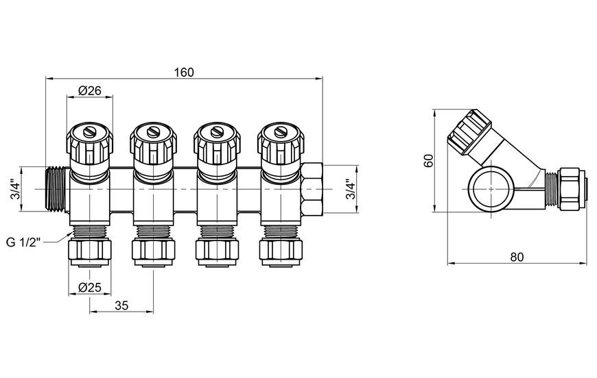 Коллектор SD PLUS 3/4" 4 выхода латунь SD230W4