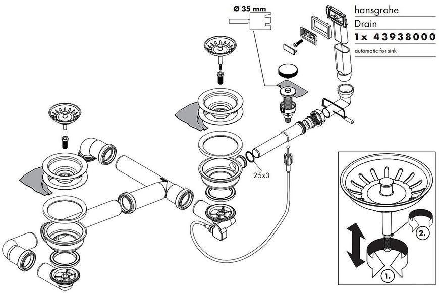 Сифон для мойки на две чаши HANSGROHE D17-11 Automatic с переливом 43938000