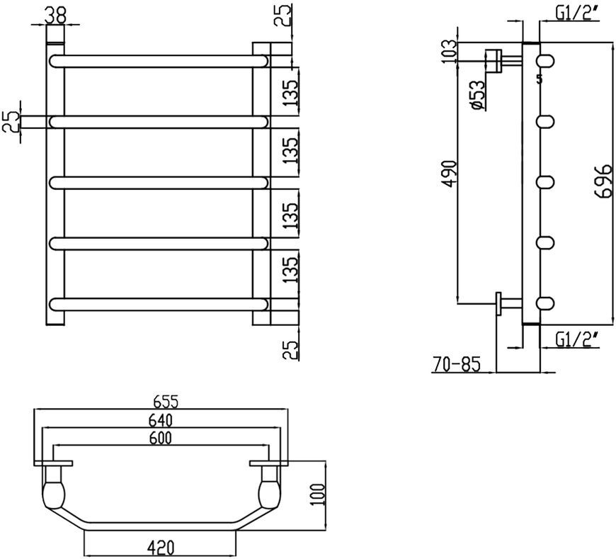 Полотенцесушитель водяной LIDZ Trapezium (CRM) D38/25 600x700 P5 - LTRPZD382560705WAT