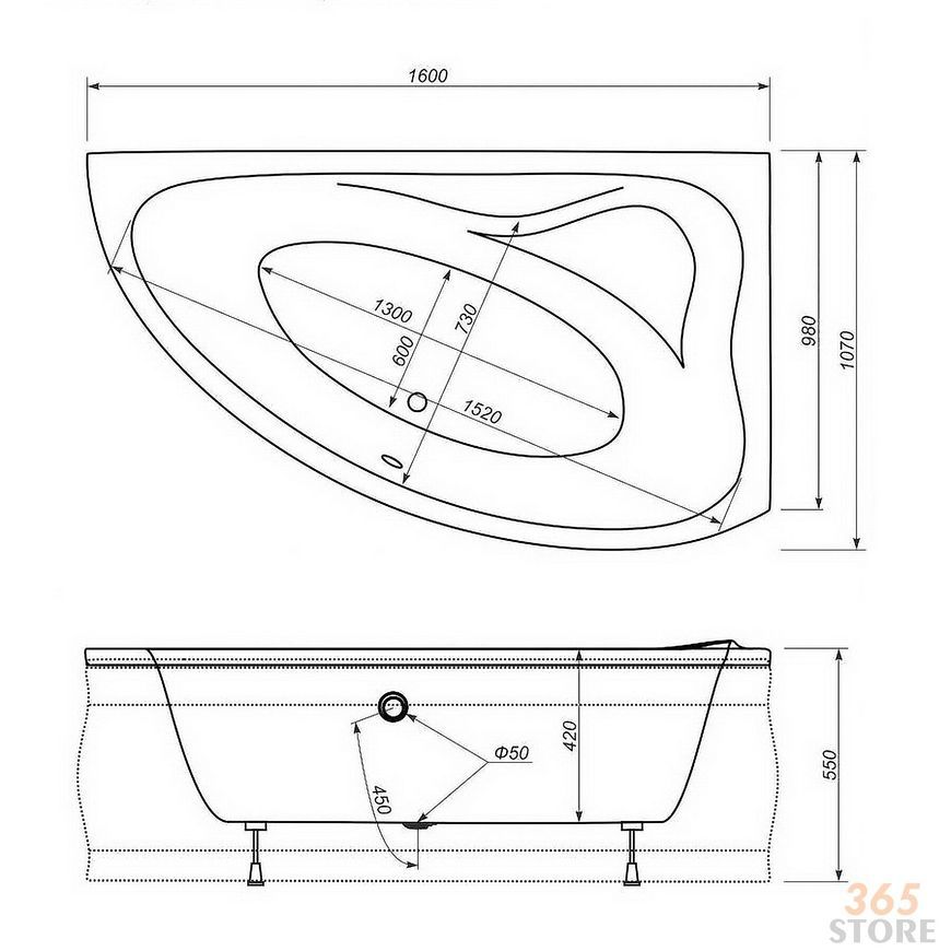 Ванна акриловая SV PLAST Azur 160x107 P с ножками + панель - SV-A-160-107-P