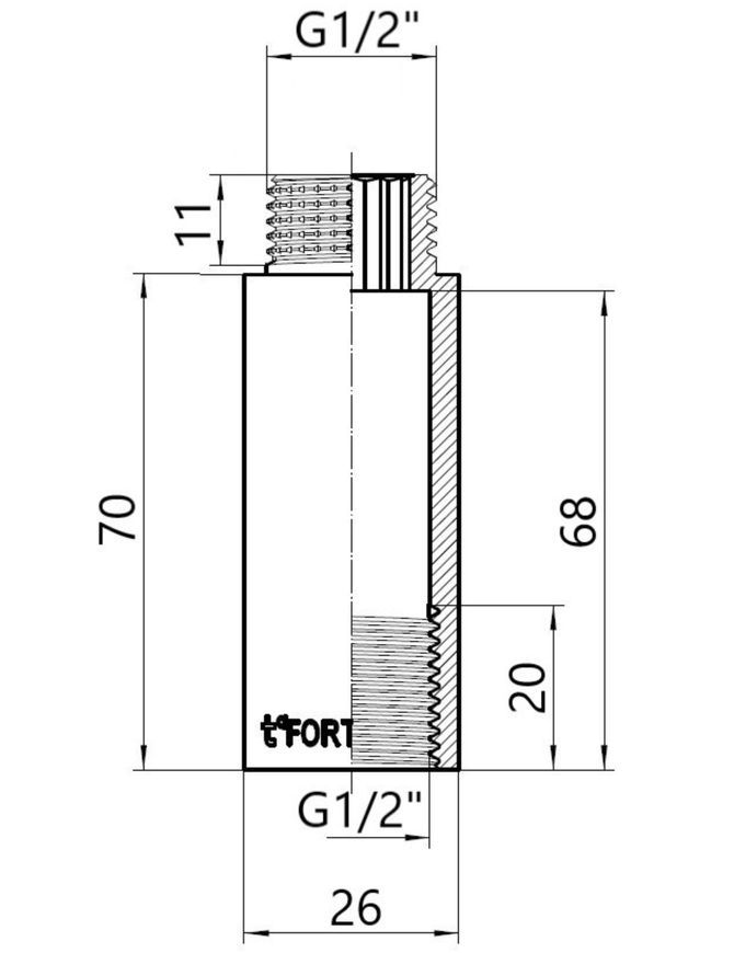 Удлинитель латунный хромированный Thermo Alliance Forte 1/2" ВРх1/2" НР, 70 мм TAF1301570