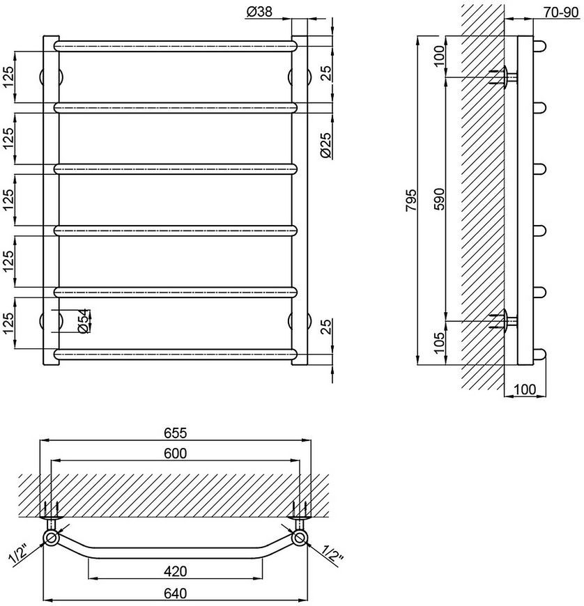 Рушникосушарка водяна LIDZ Trapezium (CRM) D38/25 600x800 P6 - LTRPZD382560806WAT