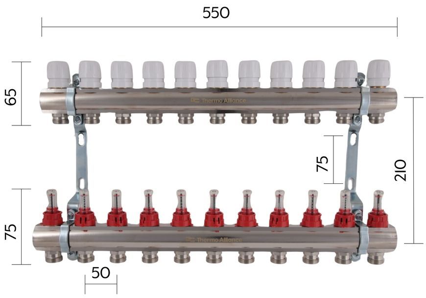 Колектор з витратомірами Thermo Alliance Standart 1" 11 виходів 3/4" SD235W11 латунь - SD235W11