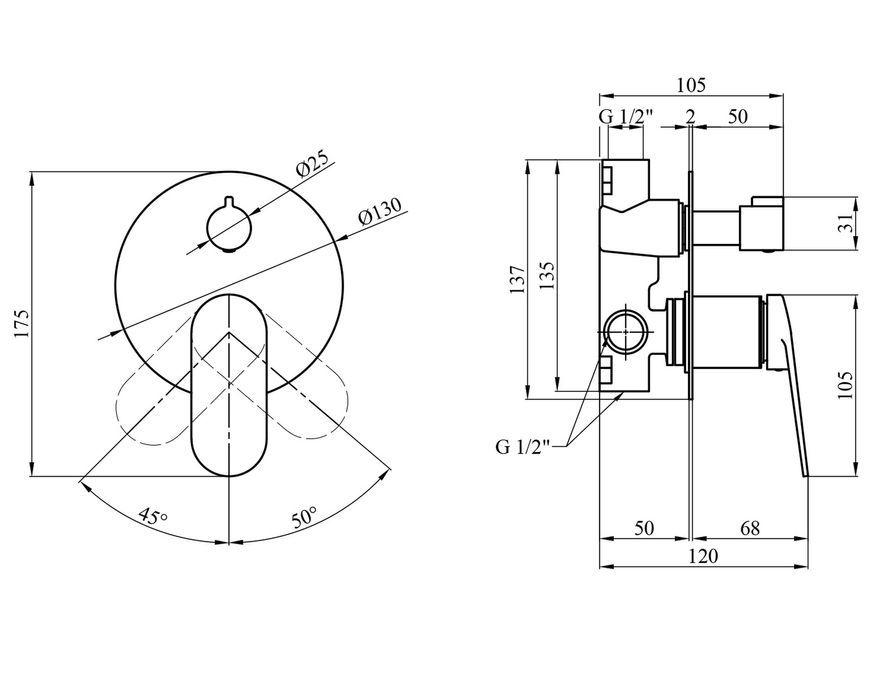 Змішувач для ванни/душу прихованого монтажу Kroner Element 211337-3801 на 2 споживача, латунь, чорний CV035971 - Element 211337-3801