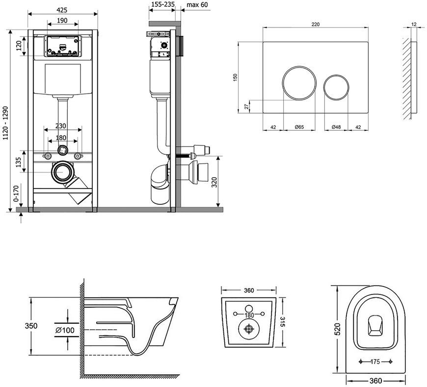 Набор QTAP инсталляция 3 в 1 Nest QT0133M425 с панелью смыва QT0111M11112CRM + унитаз с сиденьем Jay QT07335176W - QT07335176W0133M425M11112CRM
