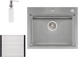 Кухонна мийка інтегрована QTAP DH6050 Satin 3,0/1,2 мм + сушарка + диспенсер