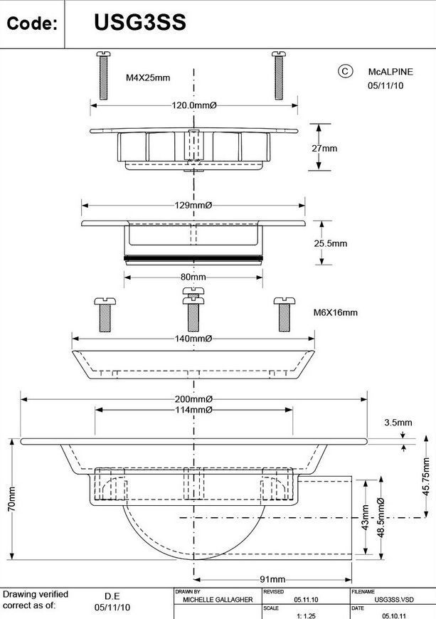 Трап для душу McALPINE USG3SS з круглою решіткою 120 мм - USG3SS