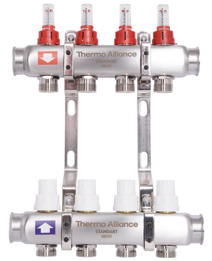Коллектор с термостатическими клапанами и расходомерами Thermo Alliance Standart 1" 4 выхода SD0044 нерж. - SD0044