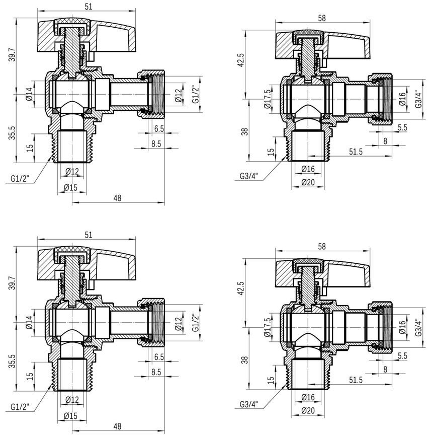 Комплект кранів кульових кутових з накидною гайкою Thermo Alliance Standart 1/2", 3/4" ВЗ для підключення котла TAS225RBW1520