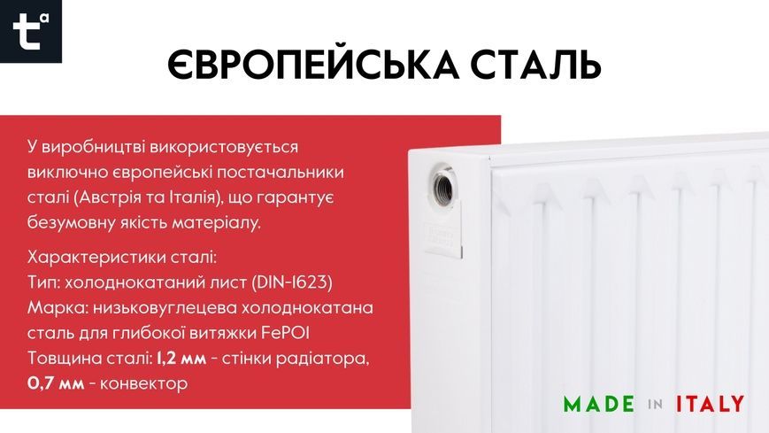 Радиатор стальной Thermo Alliance IMAS 22 тип 300х1100 боковое подключение 1362 Вт TAI223001100K - TAI223001100K