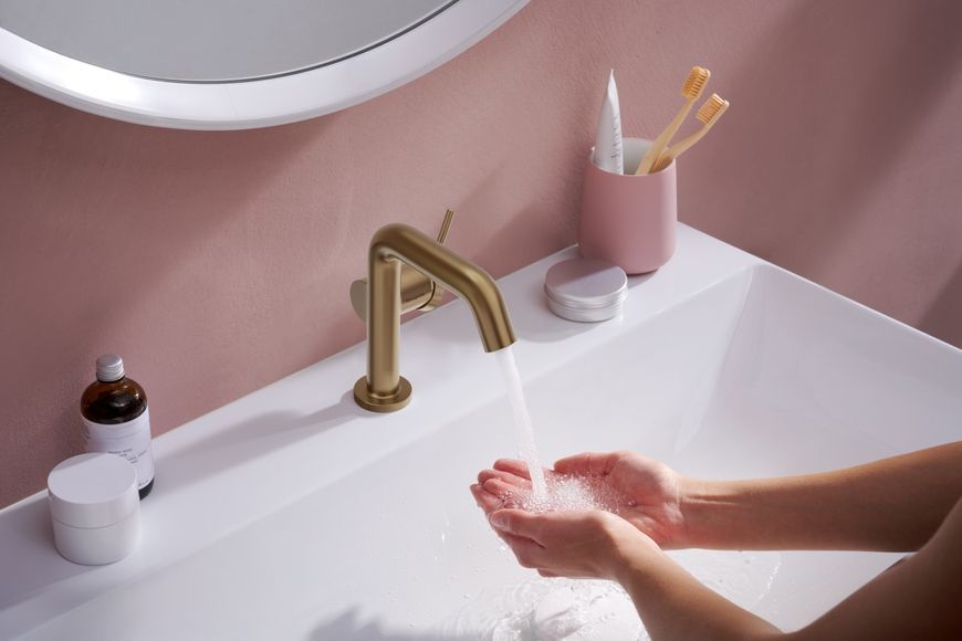 Смеситель для раковины HANSGROHE Tecturis S 110 Fine CoolStart EcoSmart+ Brushed Bronze 73323140 бронза с донным клапаном - 73323140