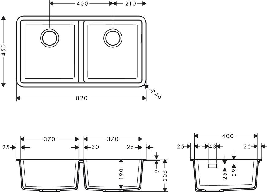 Кухонна мийка HANSGROHE S510-U770 під стільницю 820х450 на дві чаші 370/370 Graphiteblack чорний графіт 43434170 - 43434170