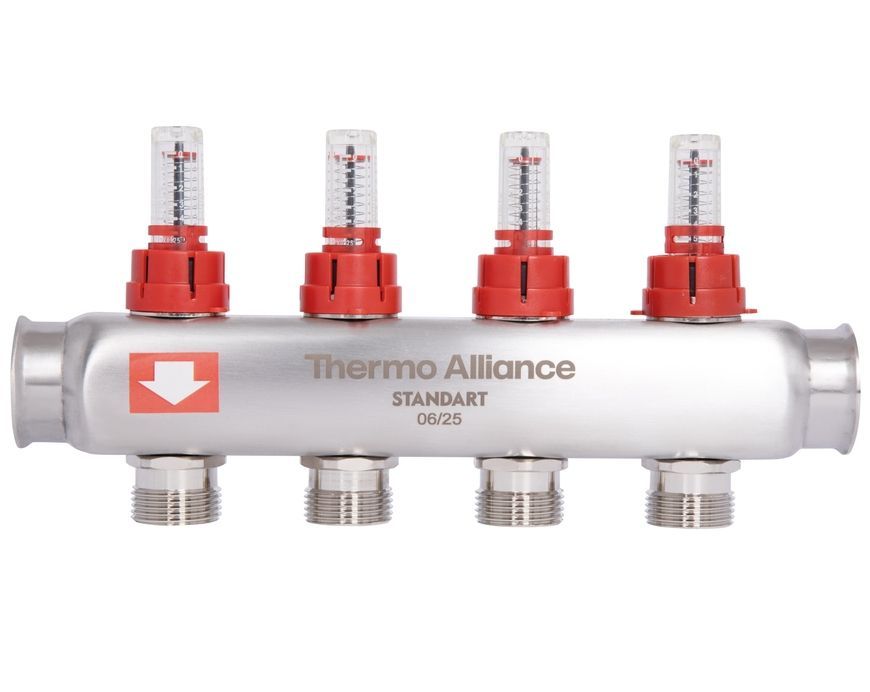 Коллектор с термостатическими клапанами и расходомерами Thermo Alliance Standart 1" 4 выхода SD0044 нерж. - SD0044