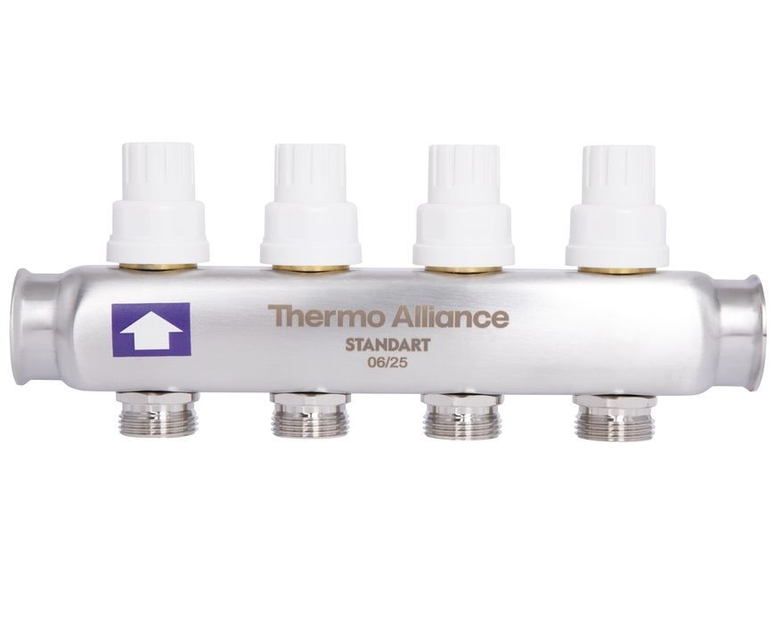 Коллектор с термостатическими клапанами и расходомерами Thermo Alliance Standart 1" 4 выхода SD0044 нерж. - SD0044