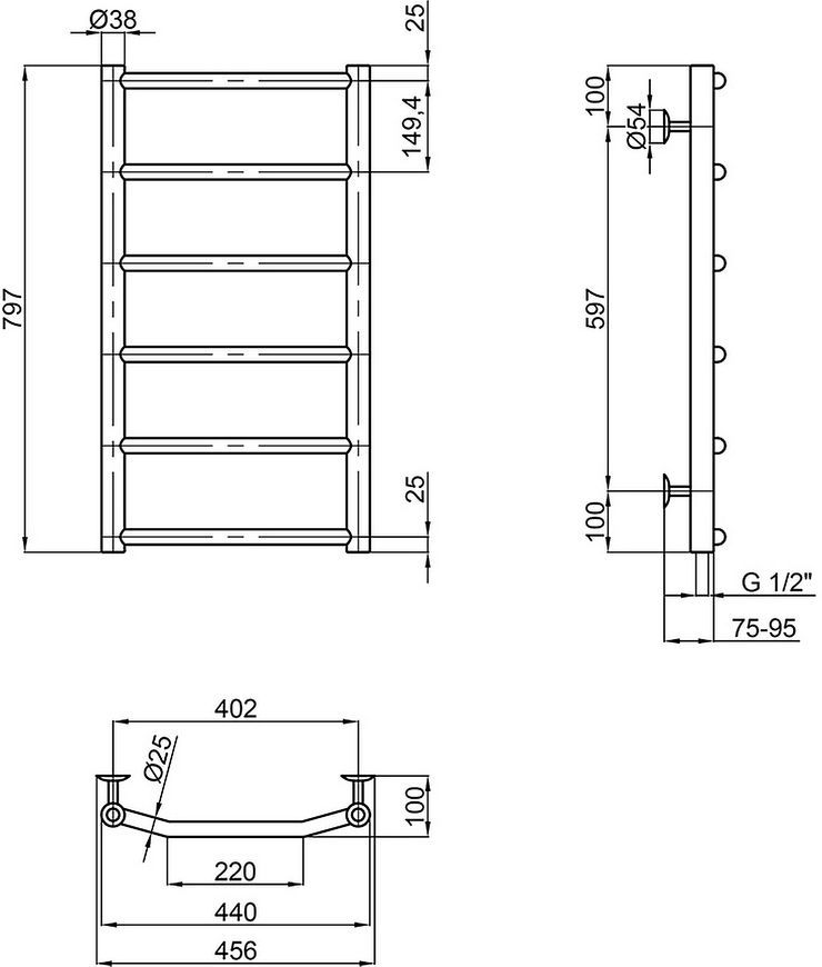 Полотенцесушитель водяной LIDZ Trapezium (CRM) D38/25 400x800 P6 - LTRPZD382540806WAT