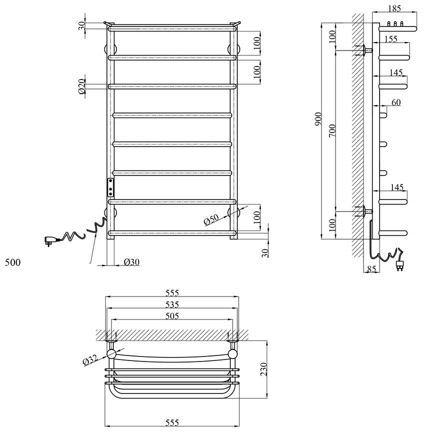 Сушарка для рушників електрична Kroner KRP Stern ST-EL90x50-8 нержавіюча сталь CV036332 - ST-EL90x50-8