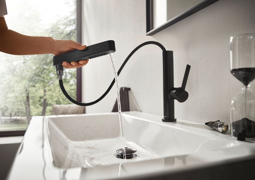Смеситель для раковины HANSGROHE Finoris 230 2jet выдвижной излив Matt Black 76063670 черный матовый с д/к push-open - 76063670