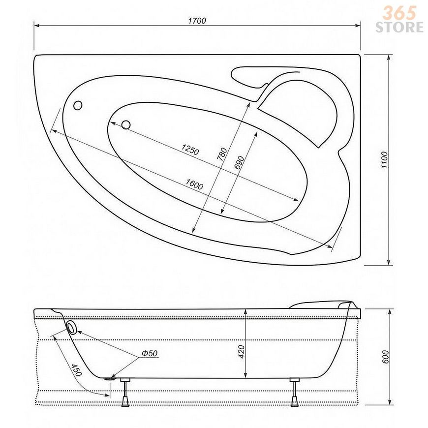 Ванна акриловая SV PLAST Azur 170x110 L с ножками + панель - SV-A-170-110-L