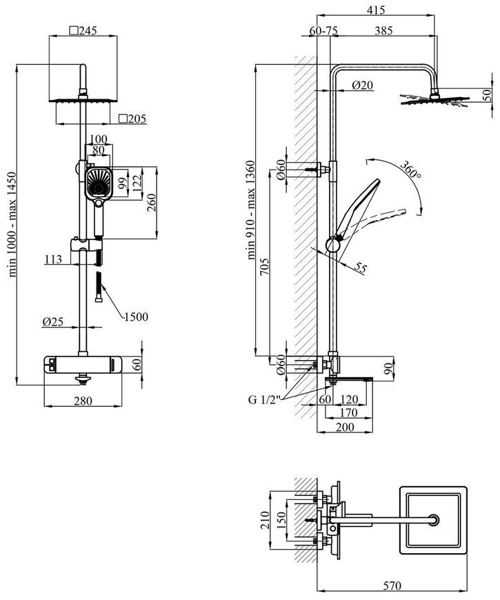 Душевая система Kroner KRP Makon-GRP063T на 3 потребителя графит CV033859 - KRP Makon-GRP063T