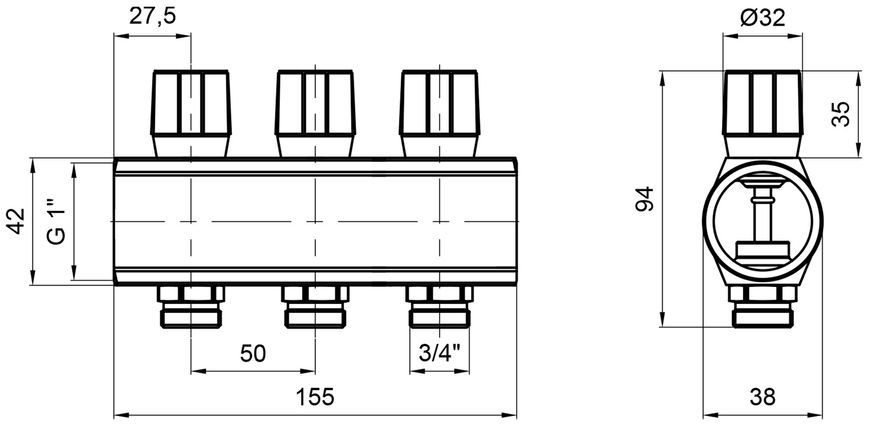 Коллектор&nbsp;ICMA&nbsp;с&nbsp;регулировочными&nbsp;вентилями&nbsp;1" 3 выхода №1105 (Red) 871105PH0511