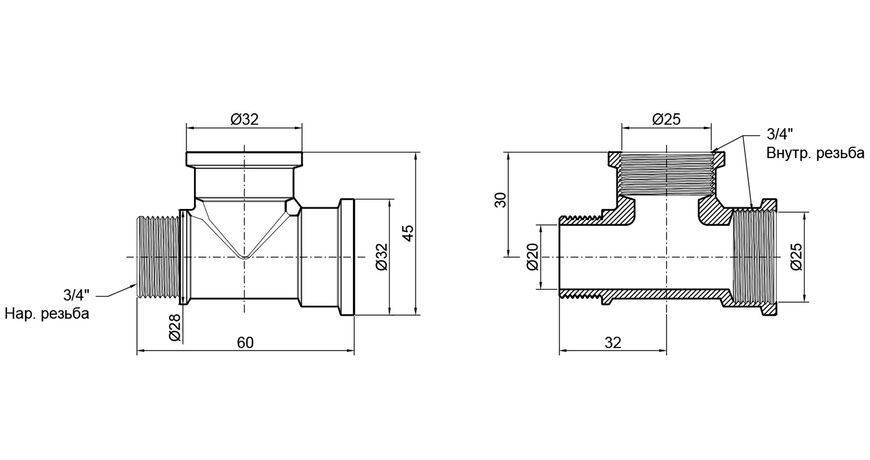 Трійник латунний SD Plus 3/4"ВРх3/4"ВРх3/4"ЗР рівнопрохідний SD41320