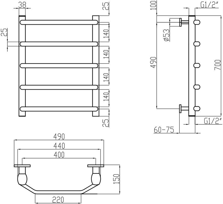 Полотенцесушитель водяной LIDZ Trapezium (CRM) D38/25 400x700 P5 - LTRPZD382540705WAT