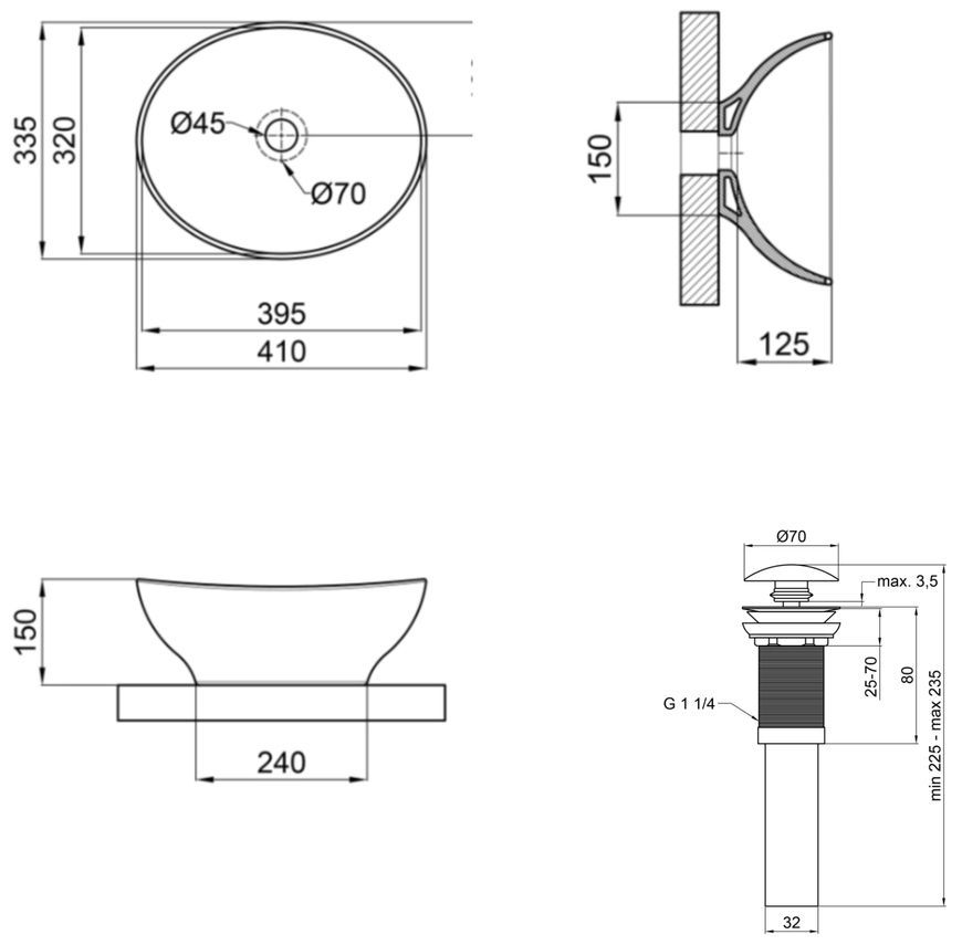 Раковина-чаша Qtap Dove накладна овальна 410х335х150 Matt Black з донним клапаном QT063078MBMBN47307 - QT063078MBMBN47307