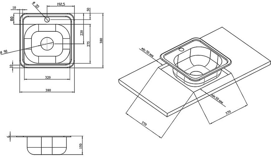 Кухонна мийка LIDZ 3838 Satin 0,6 мм (160) - LIDZ3838POL06