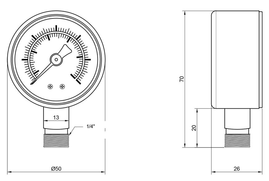 Манометр SD Plus 50 мм нижнє підключення 1/4"ЗР 0-10 бар SD17010B