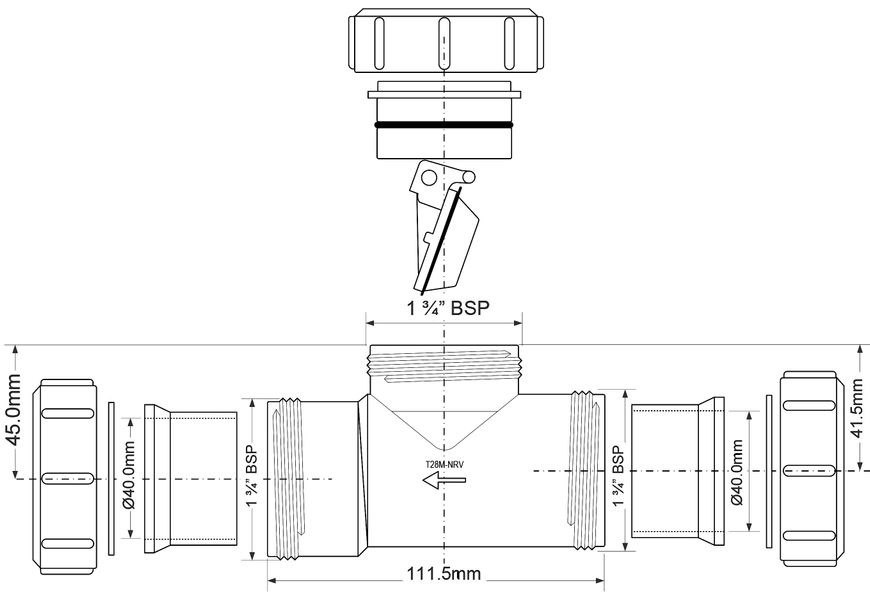 Подовжувач з зворотним клапаном McALPINE 111,5 мм 40х40 мм компресійне з'єднання T28M-NRV-40
