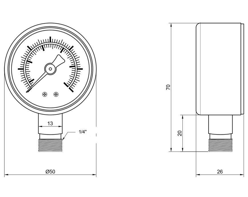 Манометр Thermo Alliance Standart 50 мм нижнее подключение 1/4"НР 0-10 бар SD17010B