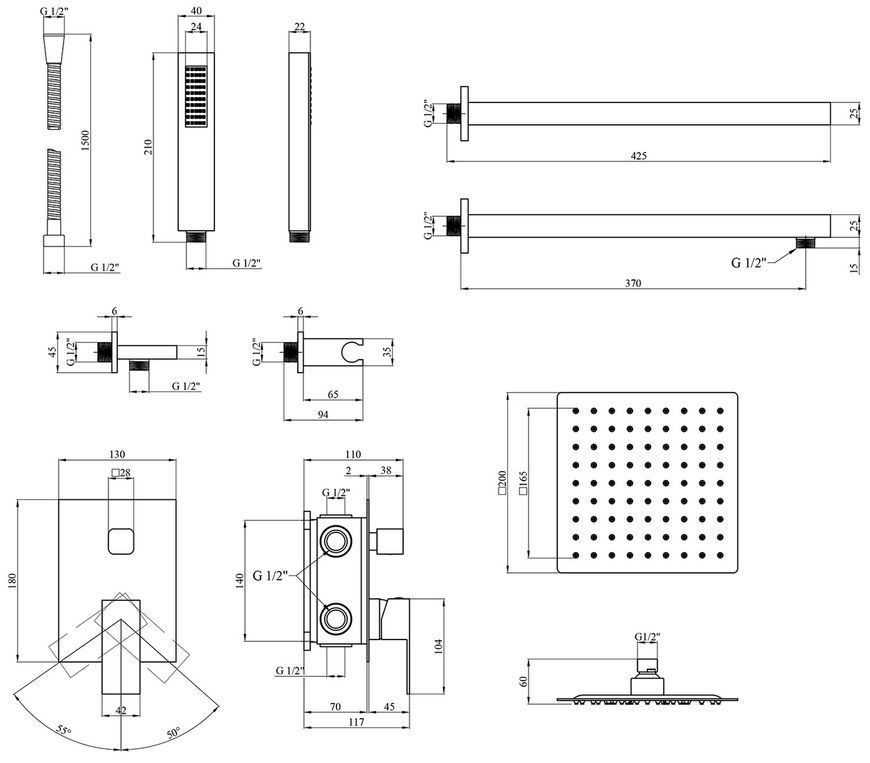 Душевая система скрытого монтажа Kroner KRP Edelstahl Kubus-SCH082 на 2 потребителя черная CV029972 - Kubus-SCH082