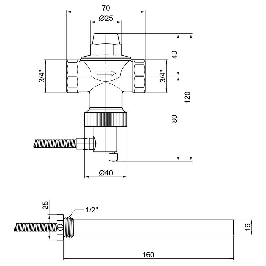 Клапан теплового сброса 3/4" ICMA №605 с погружным датчиком длинным 1/2" - 90605AE05