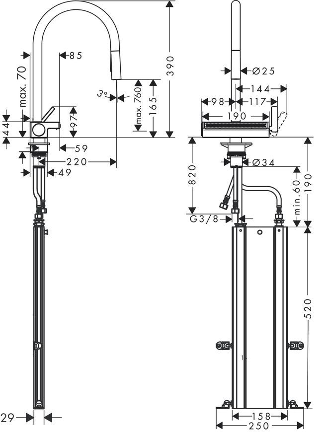 Смеситель для кухонной мойки HANSGROHE Aquno Select M81 170 3jet с вытяжным изливом Sbox 73831000 хром - 73831000