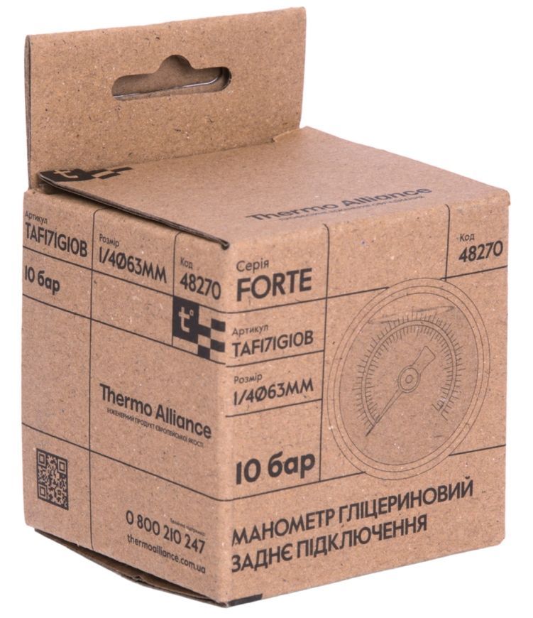 Манометр глицериновый Thermo Alliance Forte 63 мм 1/4"НР с задним подключением латунь 0-10 бар TAF171G10B