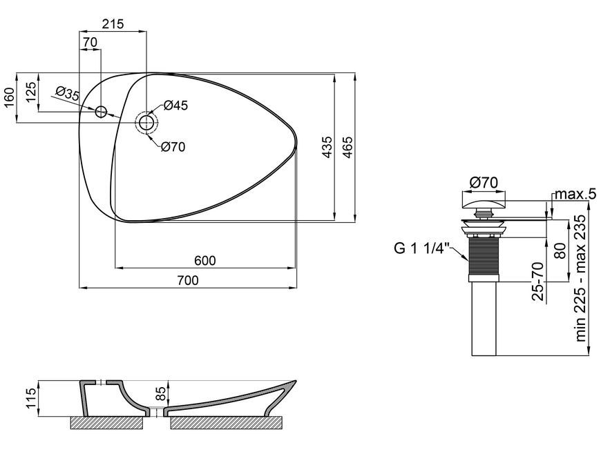 Раковина-чаша QTAP Leo 695х460х115 Matt black з донним клапаном QT1111A089TMB - QT1111A089TMB