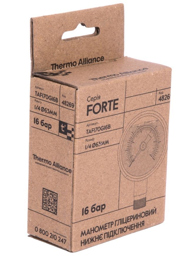 Манометр глицериновый Thermo Alliance Forte 63 мм 1/4"НР с нижним подключением латунь 0-16 бар TAF170G16B