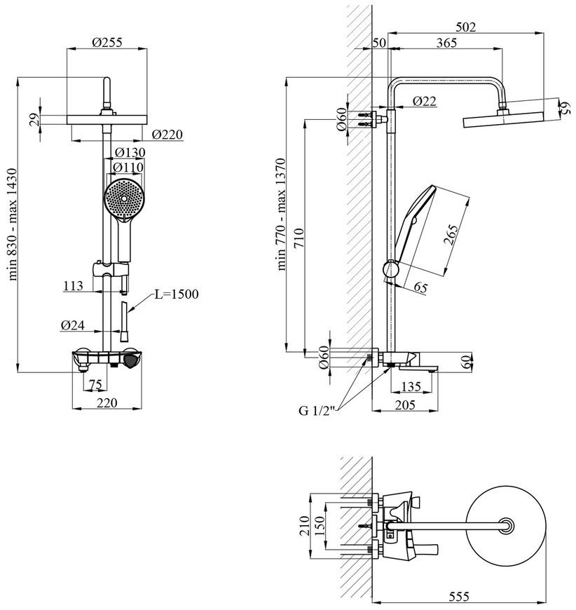 Душевая система термостатическая Kroner KRP Axis Line thermo-GRP0636 на 3 потребителя, графит, латунь CV036842 - Axis Line thermo-GRP0636