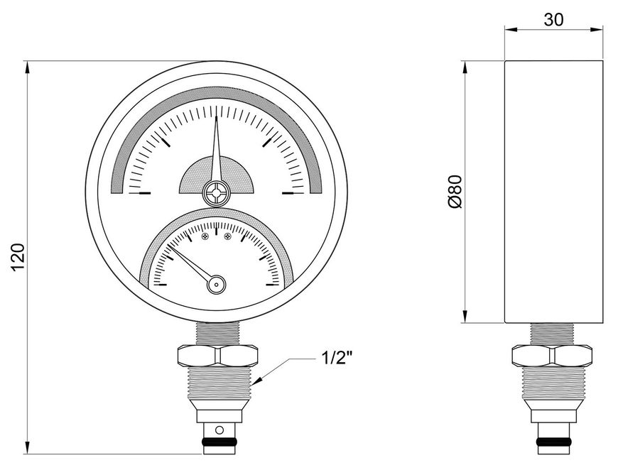 Термоманометр SD Plus 80 мм латунне нижнє підключення 1/2"ЗР 4 бар 120ºС SD1724B