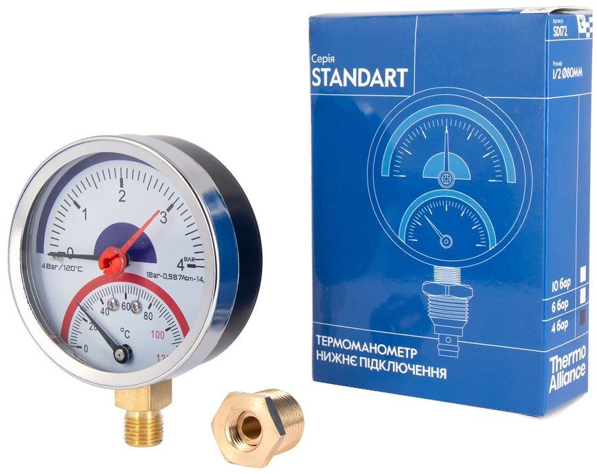Термоманометр Thermo Alliance Standart 80 мм латунное нижнее подключение 1/2"НР 4 бар 120&ordm;С SD1724B