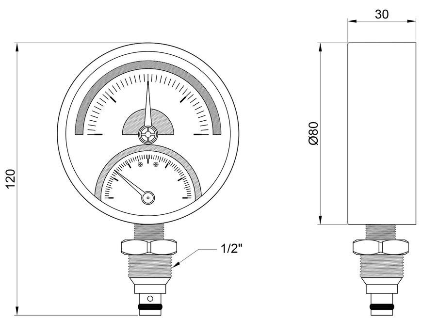 Термоманометр Thermo Alliance Standart 80 мм латунное нижнее подключение 1/2"НР 4 бар 120&ordm;С SD1724B