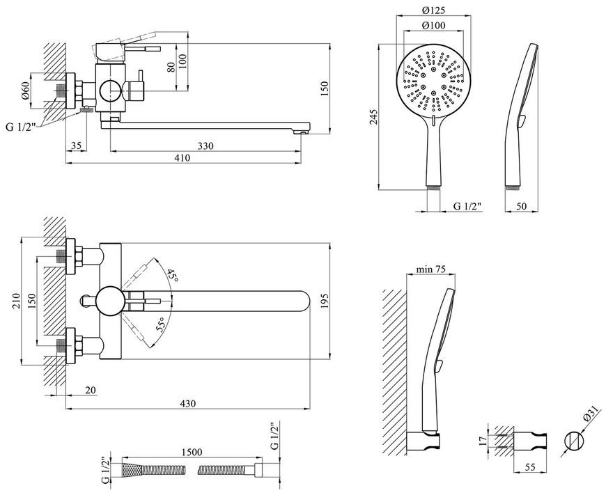 Змішувач для ванни Kroner KRP Edelstahl Klassisch-SCH070 з душовим гарнітуром, чорний CV025651 - Klassisch-SCH070