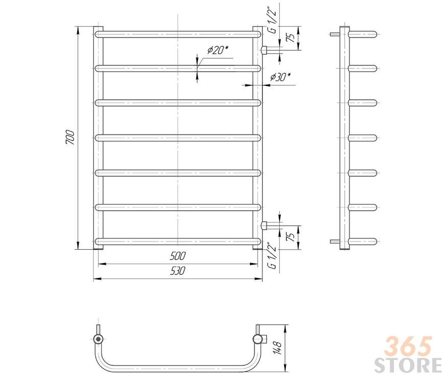 Полотенцесушитель водяной MARIO Стандарт 700x550/600 боковое подкл. 1/2" - 1.1.2805.02.P