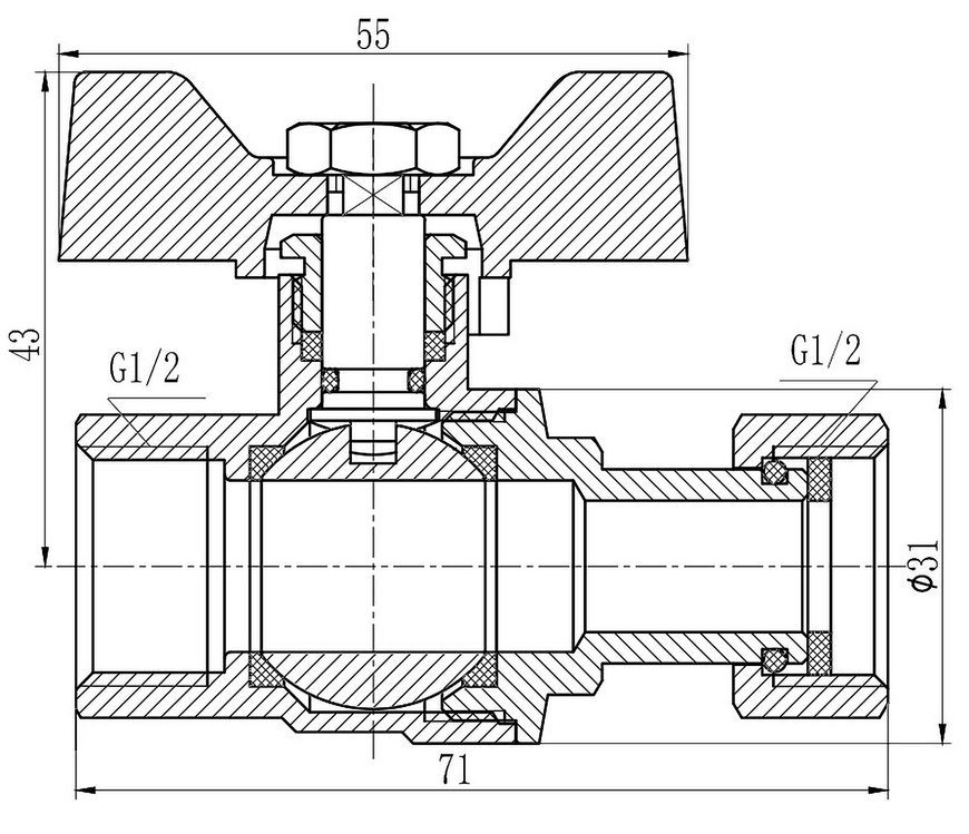 Кран кульовий з накидною гайкою SD FORTE 1/2"х1/2" ВР для води прямий SF260W15
