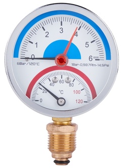 Термоманометр SD Plus 80 мм латунне нижнє підключення 1/2"ЗР 6 бар 120ºС SD1726B