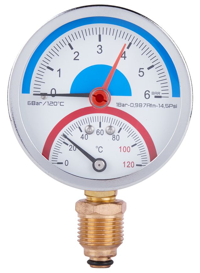 Термоманометр SD Plus 80 мм латунное нижнее подключение 1/2"НР 6 бар 120ºС SD1726B