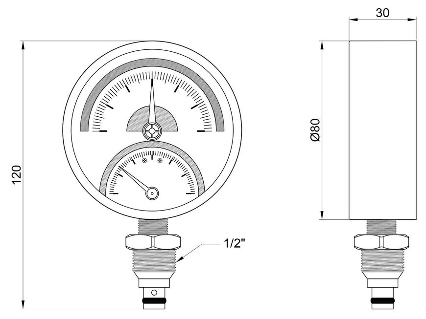 Термоманометр SD Plus 80 мм латунное нижнее подключение 1/2"НР 6 бар 120ºС SD1726B