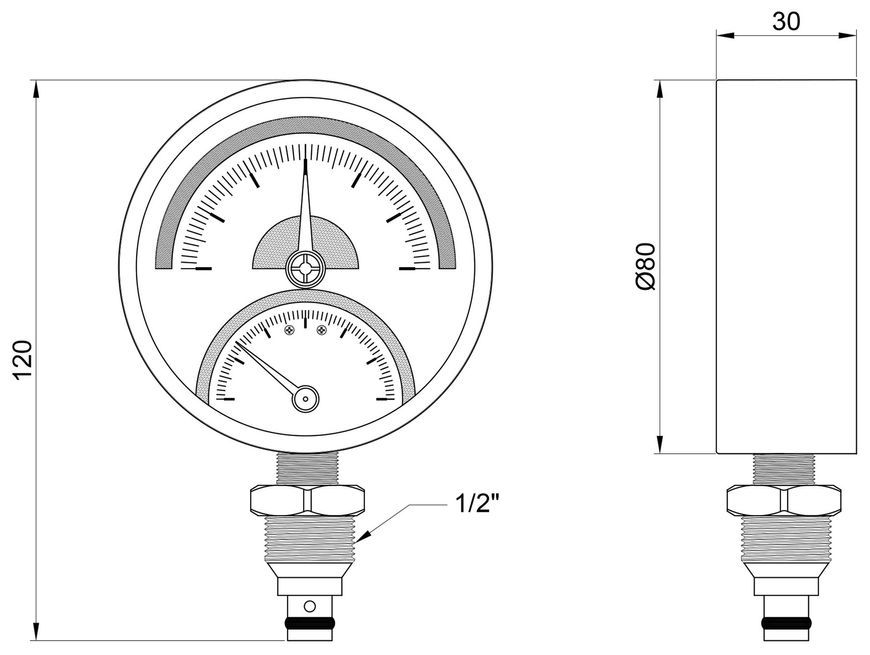 Термоманометр Thermo Alliance Standart 80 мм латунне нижнє підключення 1/2"ЗР 6 бар 120&ordm;С SD1726B