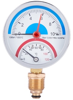 Термоманометр SD Plus 80 мм латунне нижнє підключення 1/2"ЗР 10 бар 120ºС SD17210B